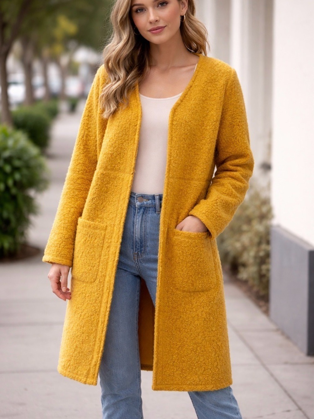Anthropologie Pina Rossi nwt Mustard Yellow Long Open-Front Bouclé Coat medium